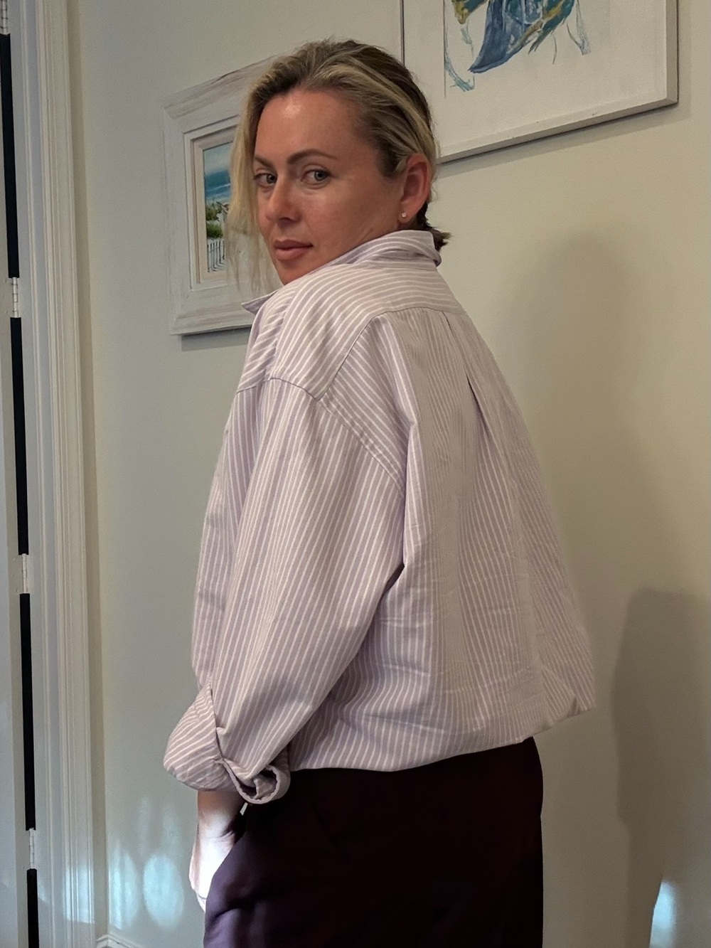 Vintage Ralph Lauren Lavender and White Striped Cotton Button-Up Shirt XL - Picture 6 of 9